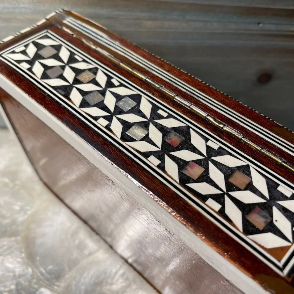 Vintage Wood MOP Shell Mosaic Inlay Handmade Jewelry Keepsake Box